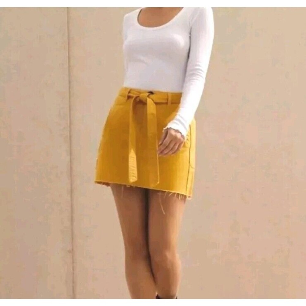 PacSun‎ Mini Skirt Womens Size 24 Mustard Yellow Raw Hem Tie Waist A-Line Summer